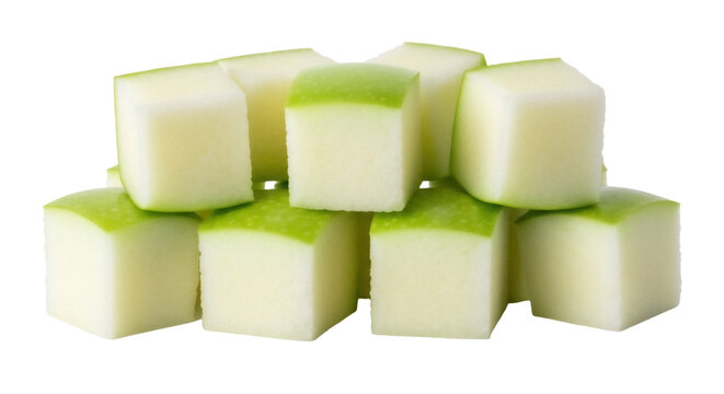 Pile of diced green apples isolated PNG, fresh fruit cubes on transparent background, healthy snack ingredient for cooking and baking