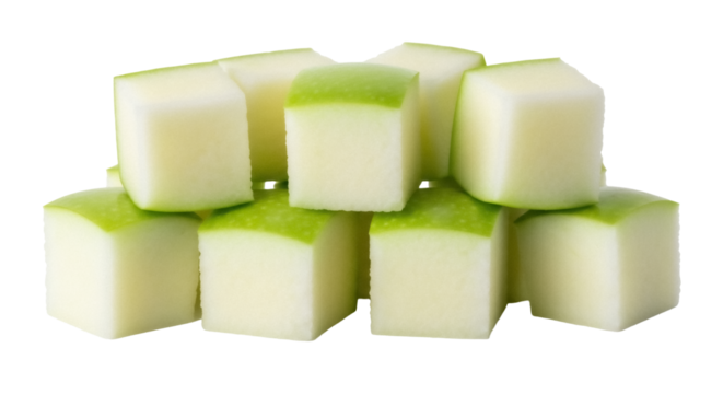 Pile of diced green apples isolated PNG, fresh fruit cubes on transparent background, healthy snack ingredient for cooking and baking - Powered by Adobe