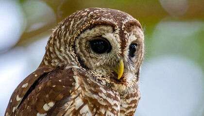 Close-up of a brown and white patterned owl perched on a branch, gazing intently with large dark eyes and a yellow beak