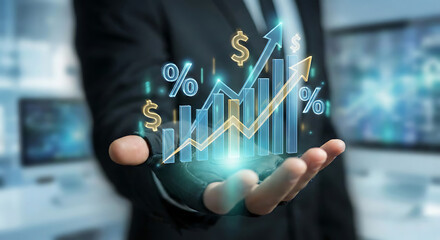Modern professional presenting dynamic financial growth with rising graph, dollar signs, and percentages, perfect for investment, business reports, and economic analysis presentations