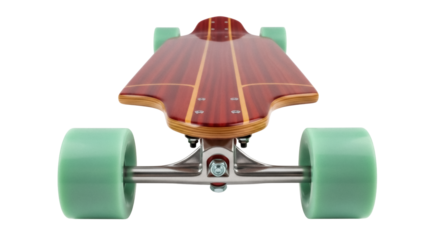 Longboard skateboard with green wheels isolated PNG, wooden deck for extreme sports and recreation on transparent background