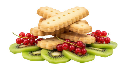 Stack of shortbread cookies with red currants and kiwi slices isolated PNG, delicious dessert on transparent background