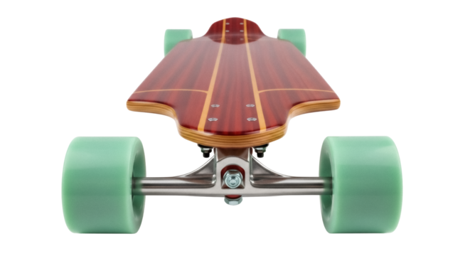 Longboard skateboard with green wheels isolated PNG, wooden deck for extreme sports and recreation on transparent background - Powered by Adobe