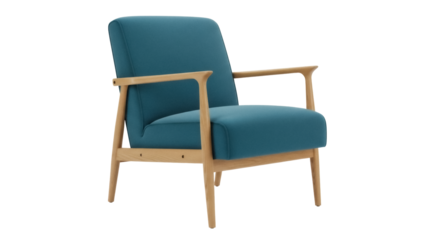Modern teal armchair isolated PNG, contemporary lounge chair with wooden frame for living room furniture and interior design projects