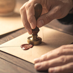 Hand pressing a wax seal onto an envelope with a brass stamper, symbolizing authenticity and official documentation