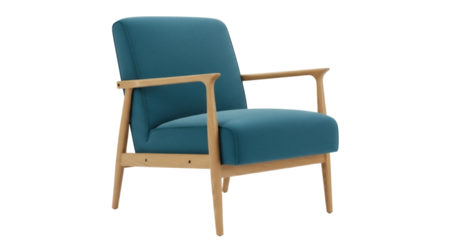Modern teal armchair isolated PNG, contemporary lounge chair with wooden frame for living room furniture and interior design projects