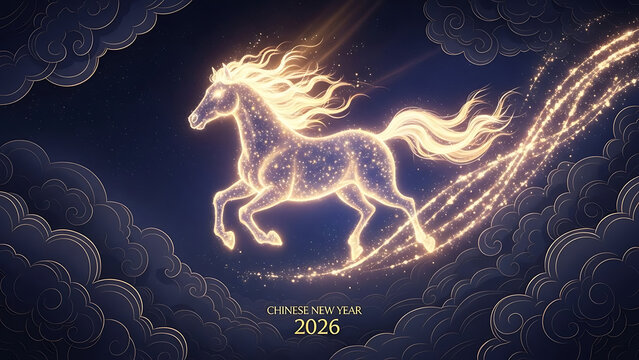 Celebrate Chinese New Year 2026 with a majestic ethereal golden horse soaring through a magical sky, making it perfect for lunar new year campaigns and festive greetings