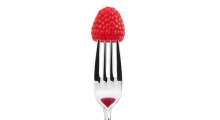 Fresh red raspberry on a fork isolated PNG, juicy fruit dessert for healthy eating and summer recipes on transparent background