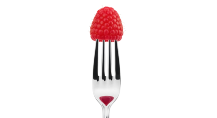 Fresh red raspberry on a fork isolated PNG, juicy fruit dessert for healthy eating and summer recipes on transparent background