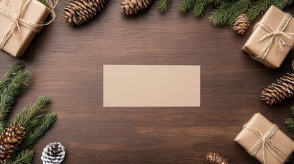 Kraft paper gift card on wooden table with pine cone and evergreen decorations