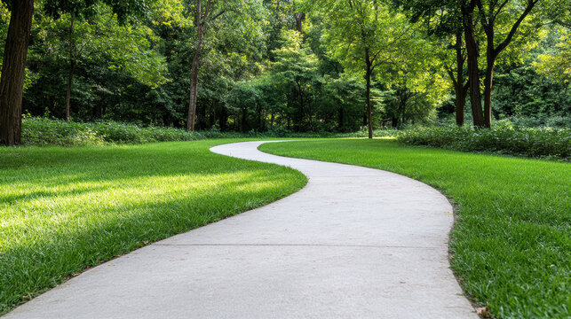 Winding concrete path through green park lawn and trees, peaceful sunny walking route