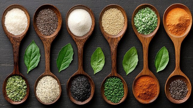 Overhead shot of various spices and herbs displayed in wooden spoons, with fresh green basil leaves on a dark wooden surface.