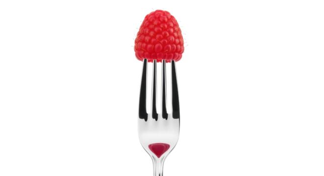 Fresh red raspberry on a fork isolated PNG, juicy fruit dessert for healthy eating and summer recipes on transparent background