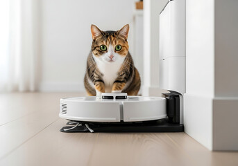 Un gato observando la limpieza de un robot que vuelve a casa.