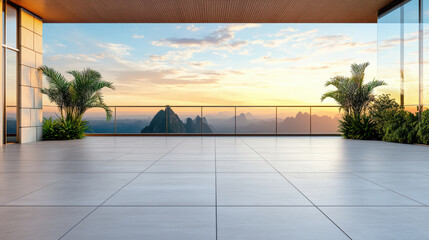 Obraz premium Spacious rooftop terrace with sunset mountain view and tropical plants, serene atmosphere
