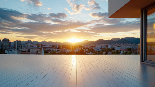 Sunset terrace overlooking city skyline with mountain silhouette and warm light - Powered by Adobe