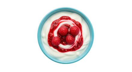 Raspberry yogurt in a blue bowl isolated PNG, healthy breakfast dessert with fresh berries and red sauce on transparent background
