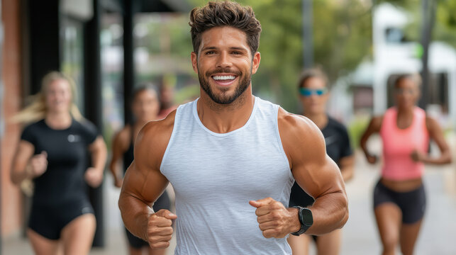 Smiling muscular man running outdoors with group joggers, energetic fitness scene
