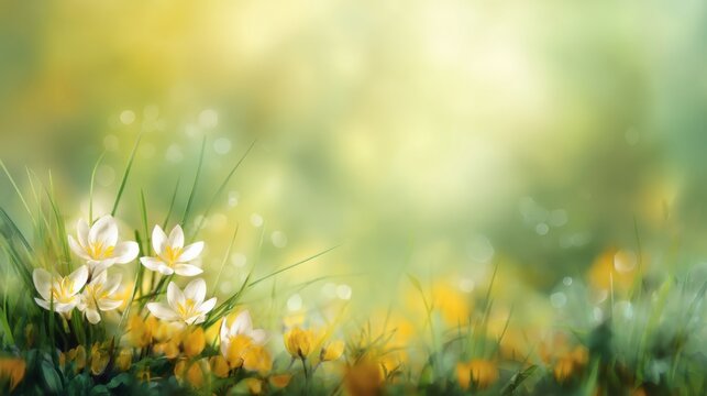A field of yellow flowers with a green background. The flowers are white and are scattered throughout the field