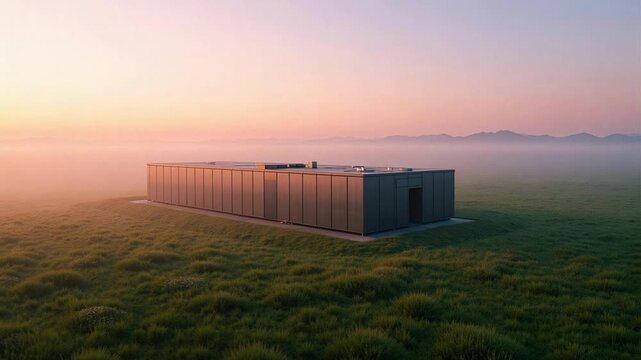 Stunning 4K aerial view of a secluded data center nestled in vast grasslands, shrouded in dawn fog &ndash; a modern tech oasis in nature's embrace