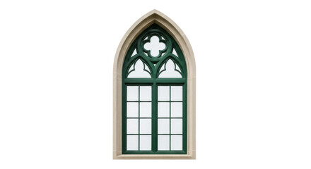 Gothic arched window with green frame isolated PNG, architectural element on transparent background for design and decoration