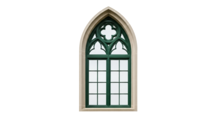 Gothic arched window with green frame isolated PNG, architectural element on transparent background for design and decoration