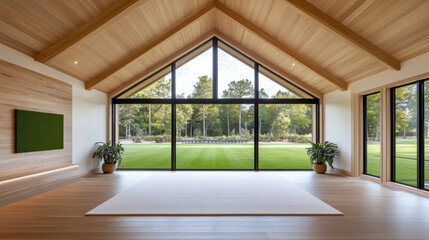Spacious minimal yoga studio with wooden ceiling, large glass wall, green lawn view