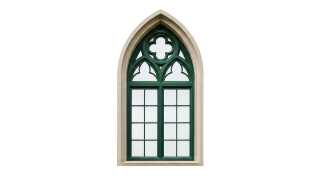 Gothic arched window with green frame isolated PNG, architectural element on transparent background for design and decoration
