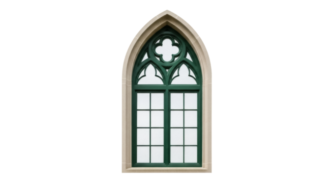 Gothic arched window with green frame isolated PNG, architectural element on transparent background for design and decoration - Powered by Adobe