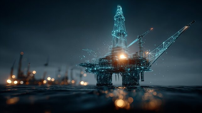 Futuristic digital oil rig hologram with glowing blue wireframe on dark ocean. 3D render concept of offshore energy technology, smart engineering, and industrial data visualization background.