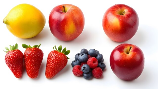 Fresh vibrant assorted fruits on white background: lemon, apple, berries