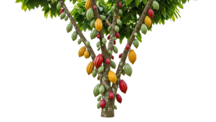 Vibrant Cocoa Tree with Colorful Pods in Tropical Landscape Scene