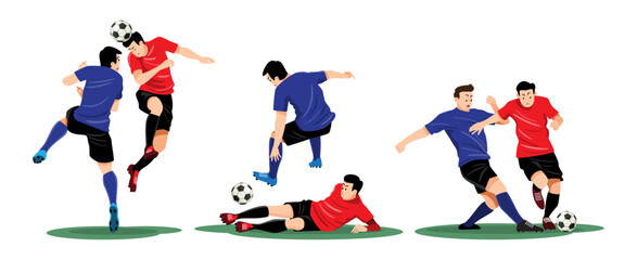 Fototapeta premium Set of two footballers tackle to win the ball back . Flat design cartoon character . Vector .