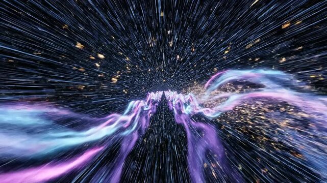 High velocity purple and cyan energy waves propagating through a dark computational grid network with small floating data particles sci fi, propagation, futuristic