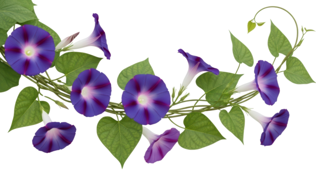 Vibrant Morning Glory Flowers with Green Leaves on a White Background