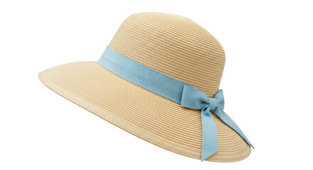 Elegant straw sun hat with blue ribbon isolated PNG, stylish summer headwear for sun protection and fashion on transparent background