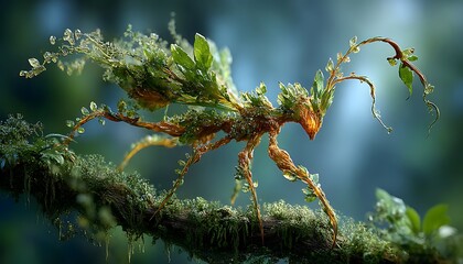 Ethereal AI body with radiant chartreuse moss features and quartz limbs