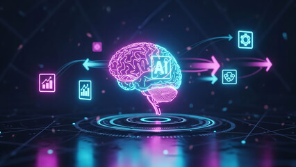 Artificial intelligence concept with glowing human brain icon and AI text surrounded by neon symbols for data analysis and process automation
