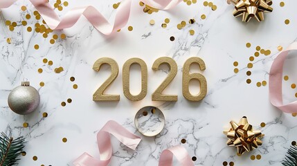 Minimalist flat lay with golden numbers 2026 confetti and ribbon on marble background for New Year theme