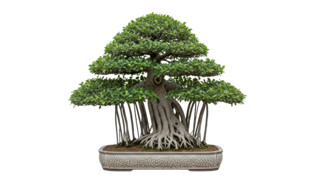 Lush Bonsai Tree in Decorative Pot with Intricate Root System