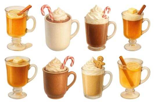 PNG Festive holiday drinks illustration, element set on transparent background