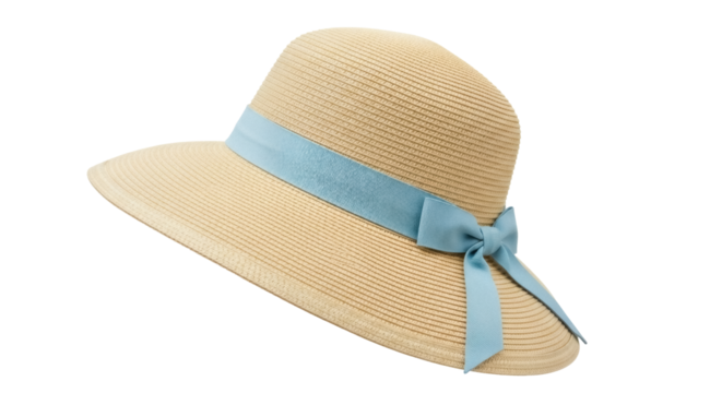 Elegant straw sun hat with blue ribbon isolated PNG, stylish summer headwear for sun protection and fashion on transparent background