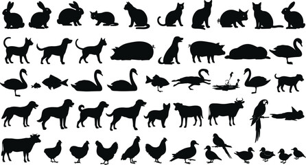 Animal Silhouette Vector Collection of Farm Livestock Pets and Birds Isolated on White Background © Yeasrin