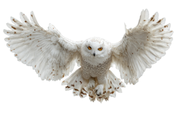 A white owl with amber eyes in mid-flight, wings fully extended, isolated on black