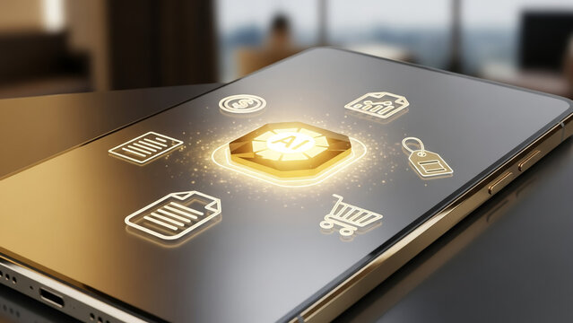 Smartphone displaying AI icon and various application icons with a glowing effect, symbolizing artificial intelligence integration in mobile apps