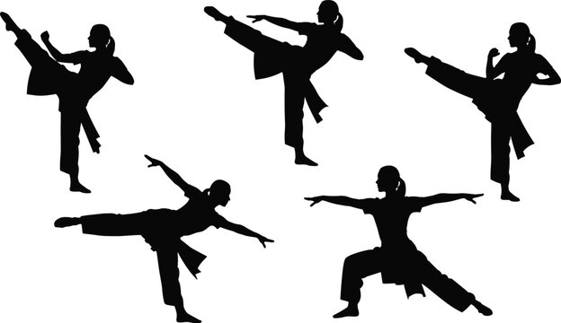 Female martial artist silhouette vector set performing kung fu kicks and fighting poses.