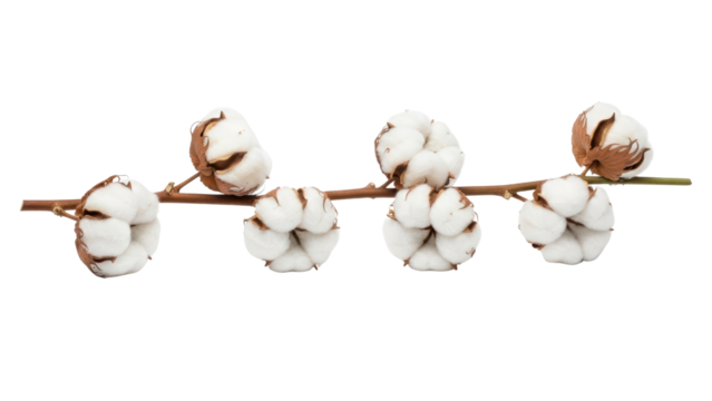 Cotton Plant Branch with Blooming Cotton Bolls Isolated on White
