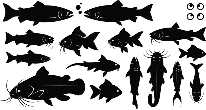 Freshwater Fish Silhouettes Vector Set Featuring Catfish, Trout, and Top View Icons for Fishing Logos
