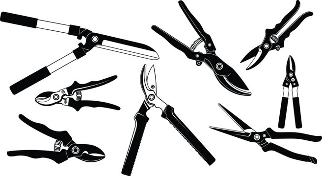 Garden pruning tools silhouette set vector illustration of shears secateurs and loppers for gardening work.