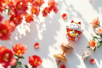 Naklejka premium Lucky cat with floral accents